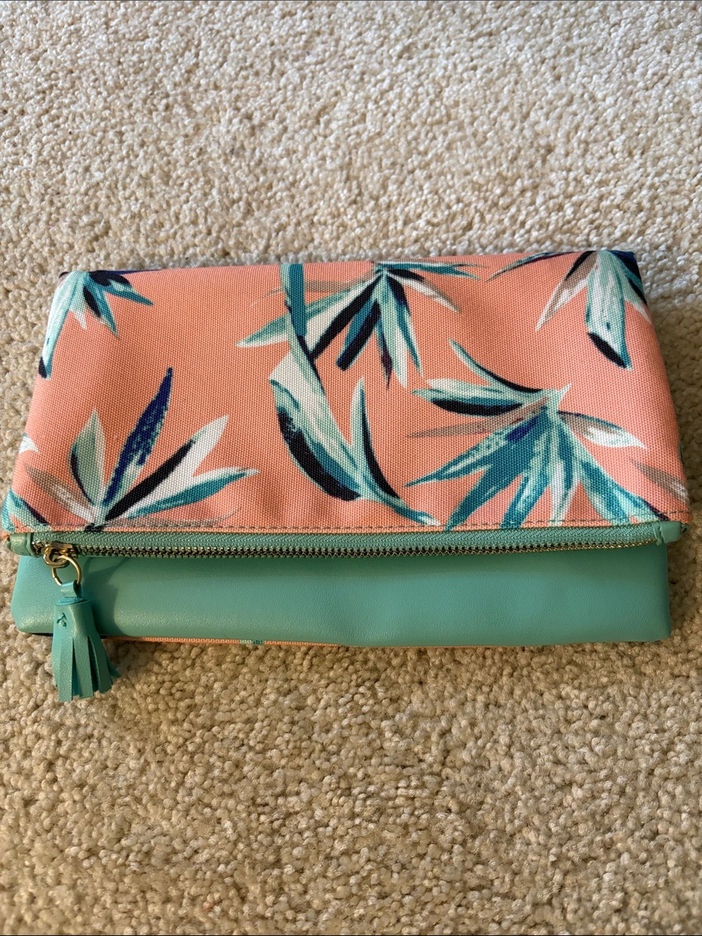 Rachel Pally Reversible Fold-Over Pink & Aqua Floral Clutch with Zip Tassel NWOT